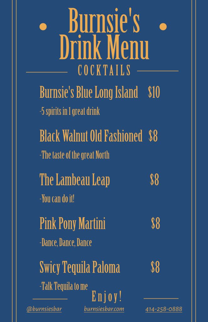 Burnsie's Drink Menu